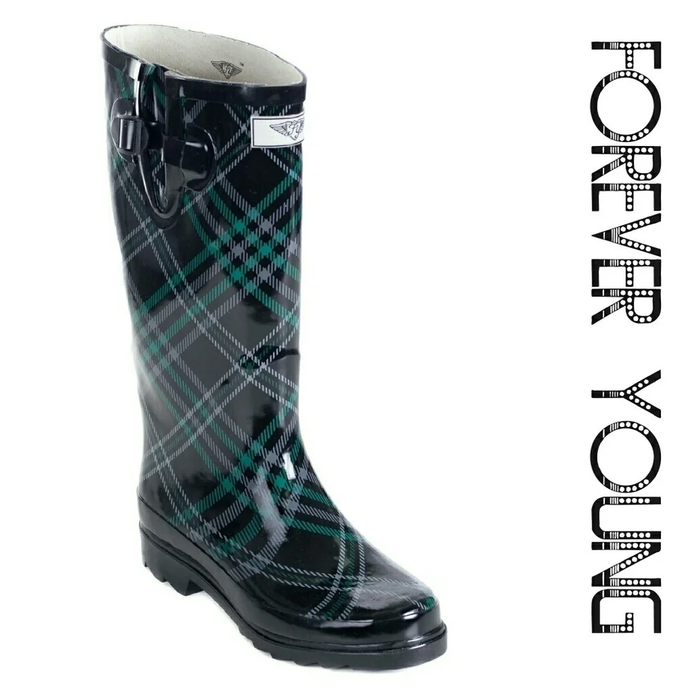 Women Rain Boots, Tall Waterproof Rubber Rainboots, RB-1506, Plaid